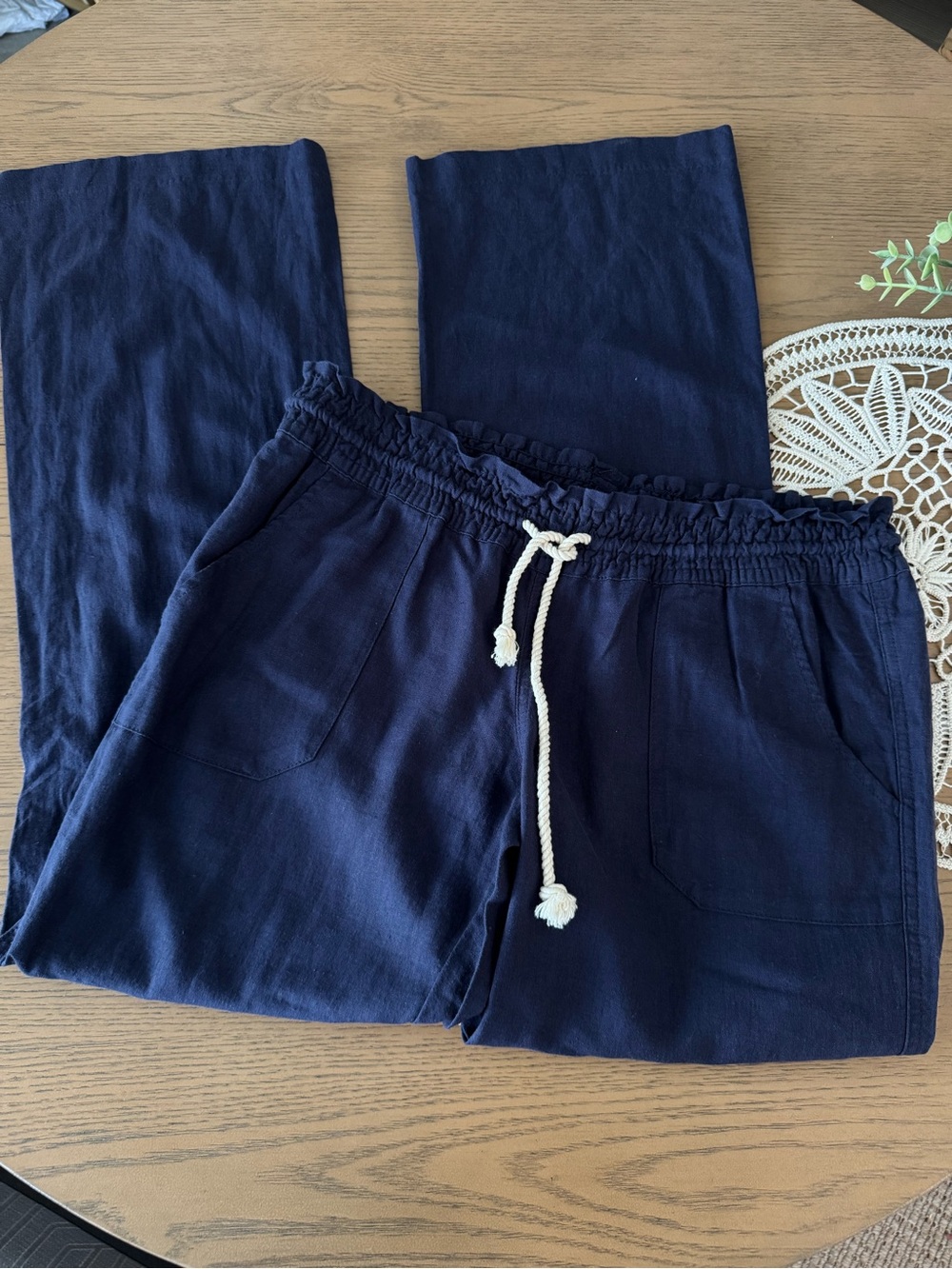 Roxy Navy Blue Linen Blend Wide Leg Drawstring Pants Size XL Relaxed Coastal